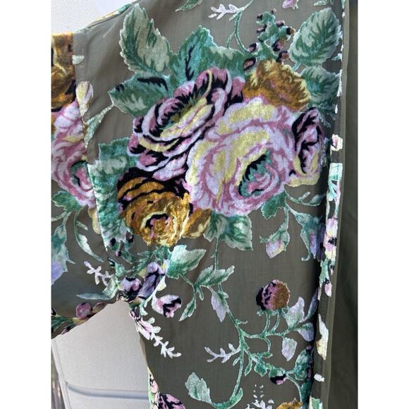 Xhilaration Green Floral Burnout Velvet Kimono Cardigan M/L Fringe Boho Festival - Picture 9 of 14
